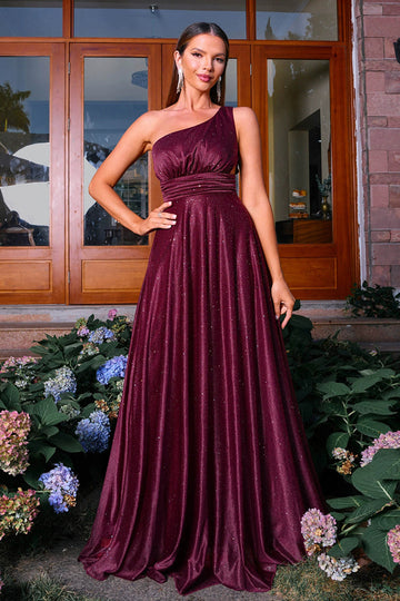 Glitrende bordeaux En skulder En linje Ruched Prom Kjole